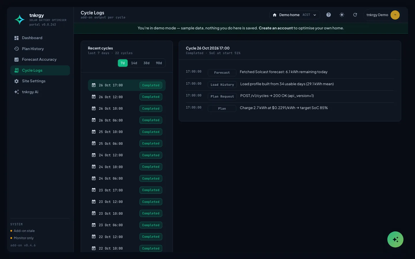 Cycle logs: the plan, review and control steps of a charging cycle