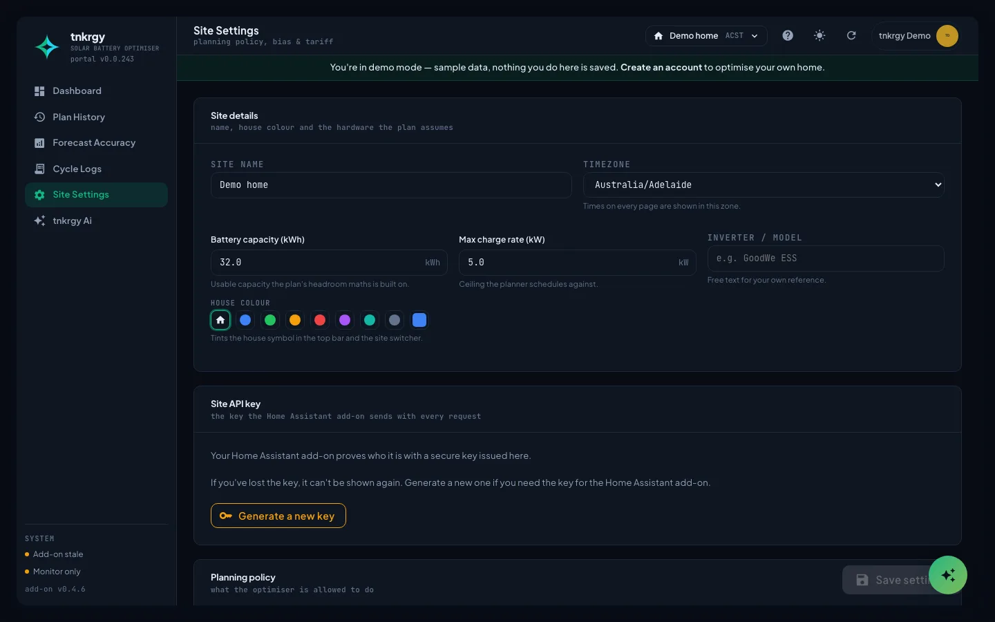 Site settings: battery size, reserve floor and tariff windows